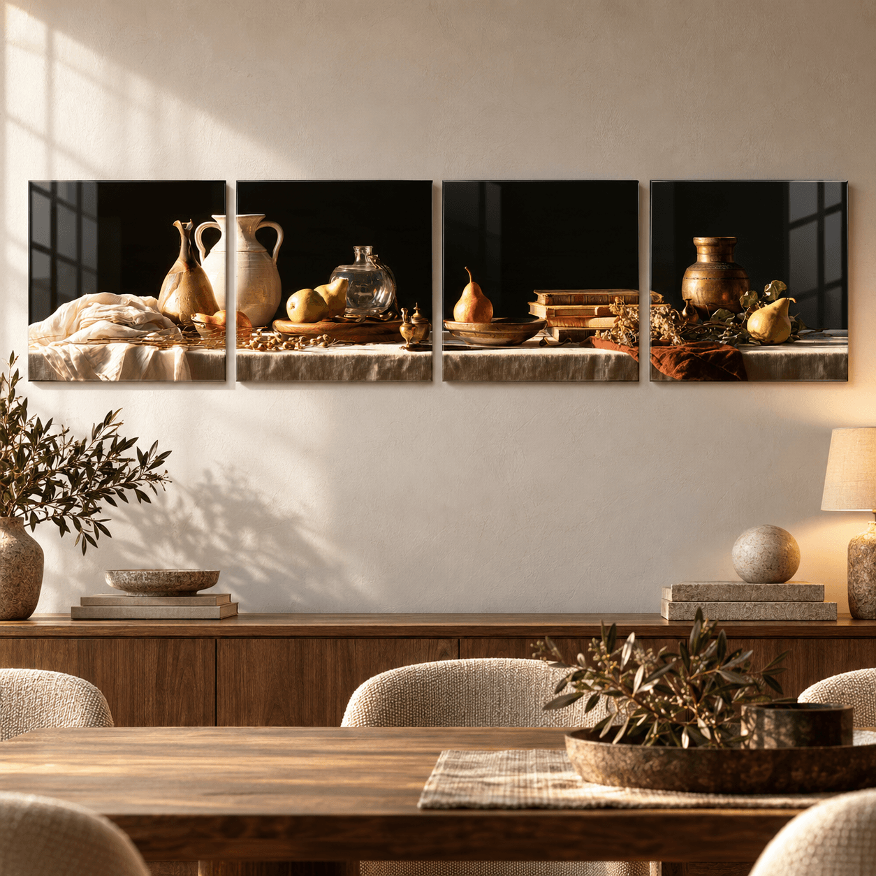 Close-up of 4-panel still-life glass wall art with pears, copper vase, and books on a dining wall